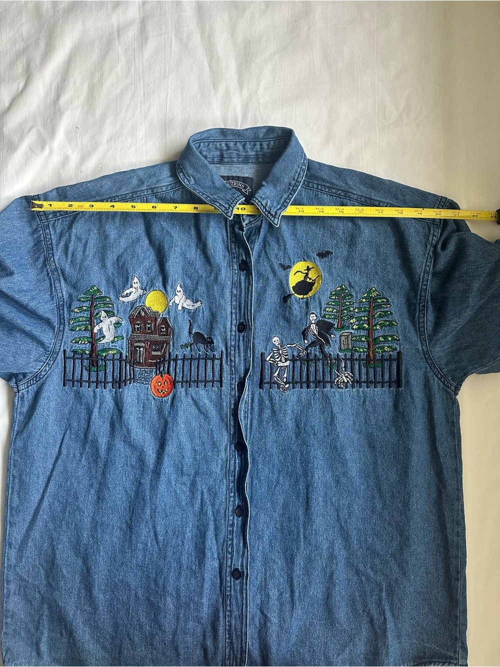 Denim Halloween Embroidered Button-Down 100% Cotton Vintage Shirt - Picture 9 of 15